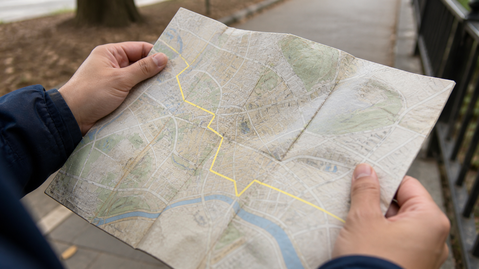 Manos sosteniendo un mapa con una ruta marcada