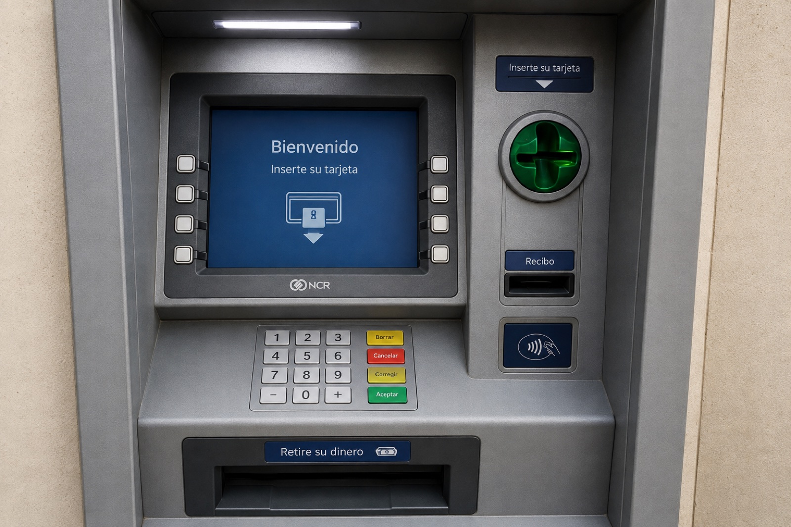 Frente de un cajero automático: pantalla con botones a los lados, lector de tarjeta, teclado, ranura del recibo y dispensador de billetes