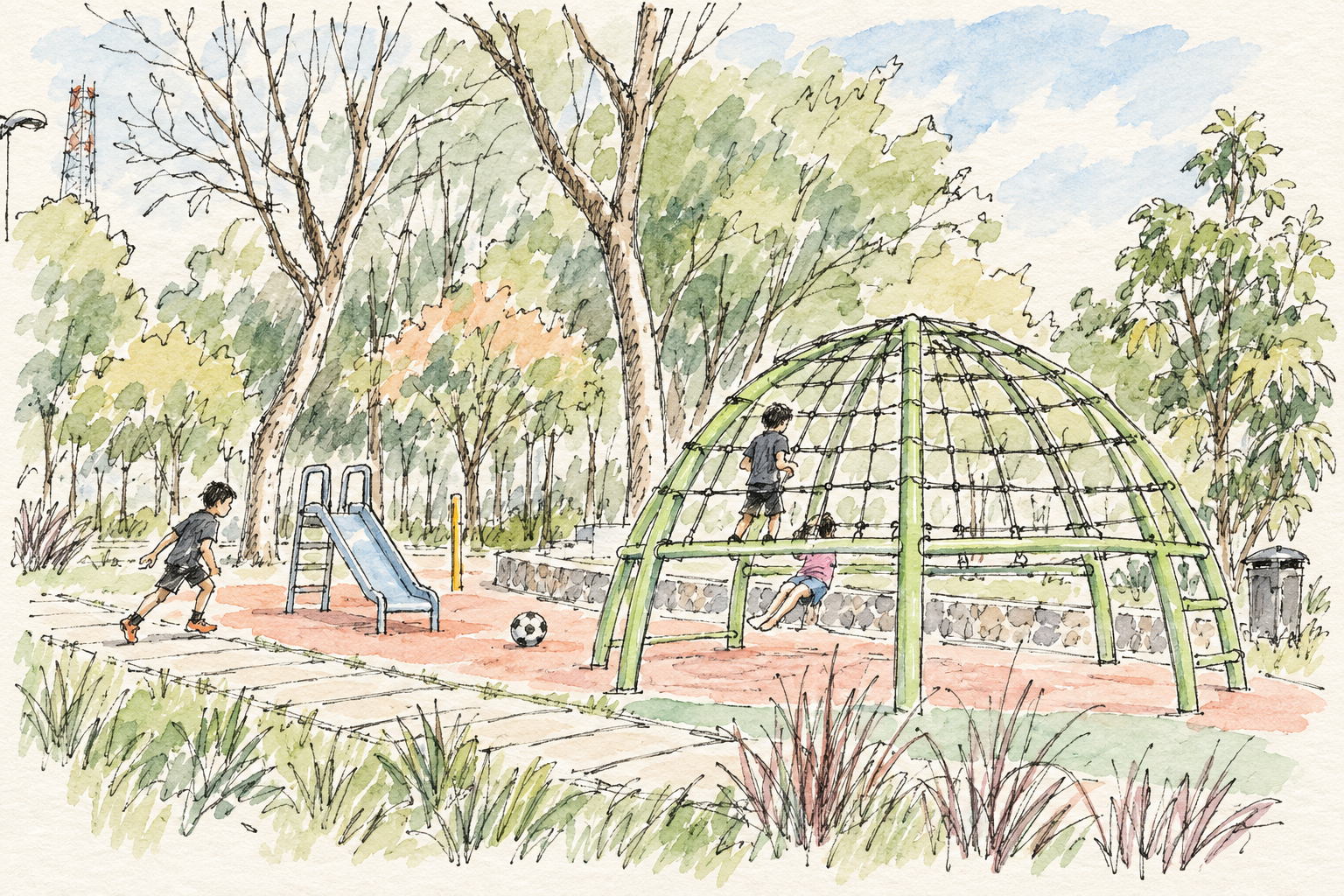 Ilustración del parque ficticio: juegos, niños, balón, árboles y senderos